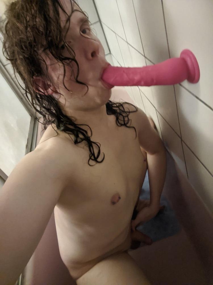 25P Long Haired Femboy Sucks and Fucks Big Pink Dildo
