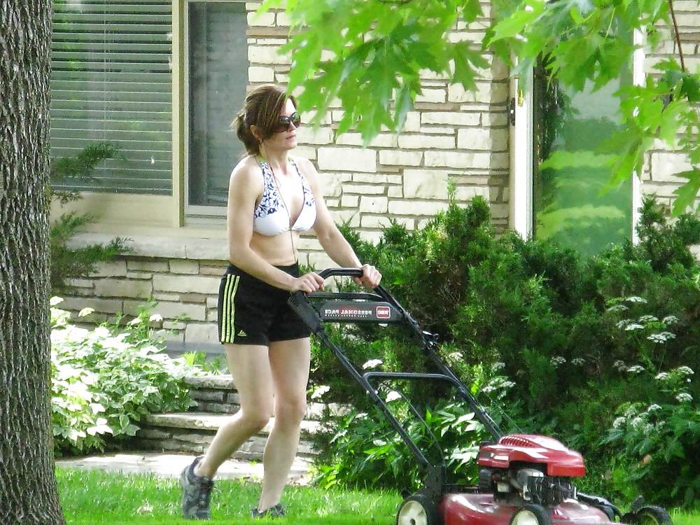 11P Neighbor cutting her lawn