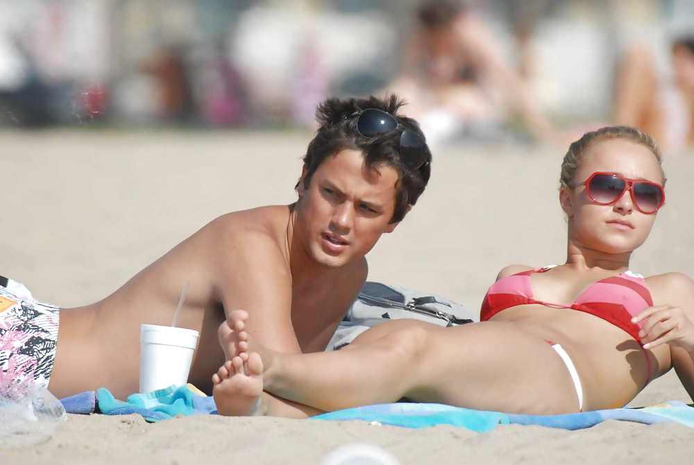25P Hayden Panettiere in a Very Tight Red Stripped Bikini