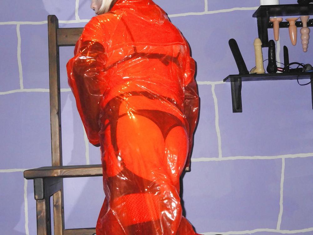 8P Red plastic raincoat