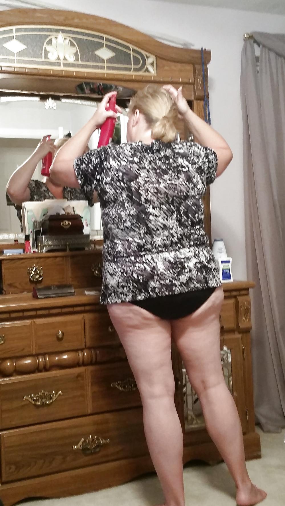 25P My bbw wife naked,half naked & dressed, hairy pussy