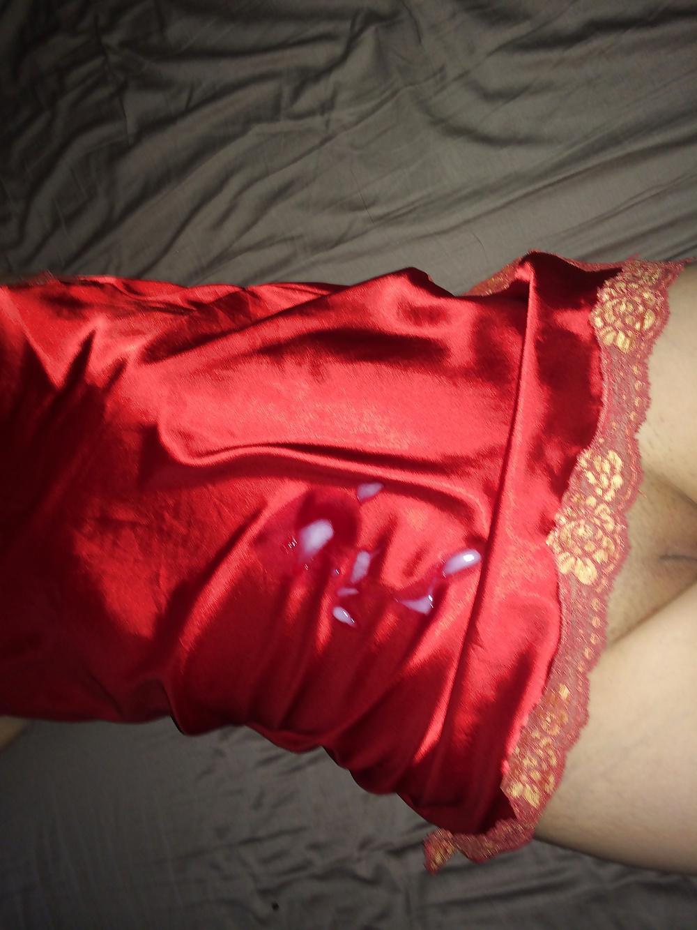 11P Red satin slip teasing 