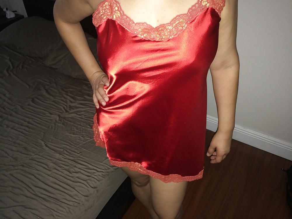 11P Red satin slip teasing 