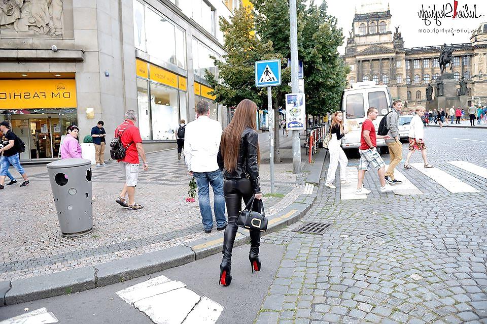 5P Leather fetish slut in public in street