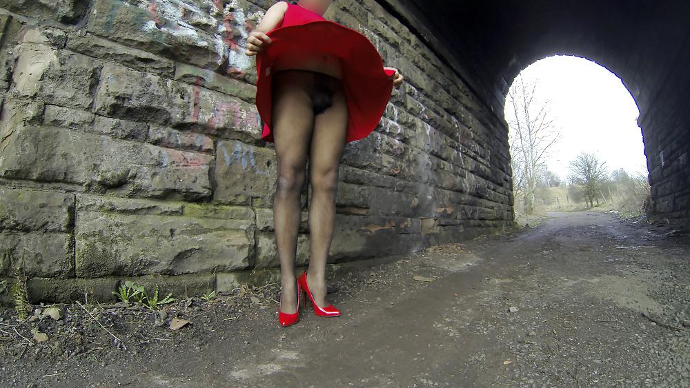 14P Tranny slut flashing hot red minidress