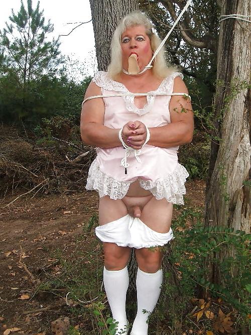 25P Sissy male pansy tied to a tree in public