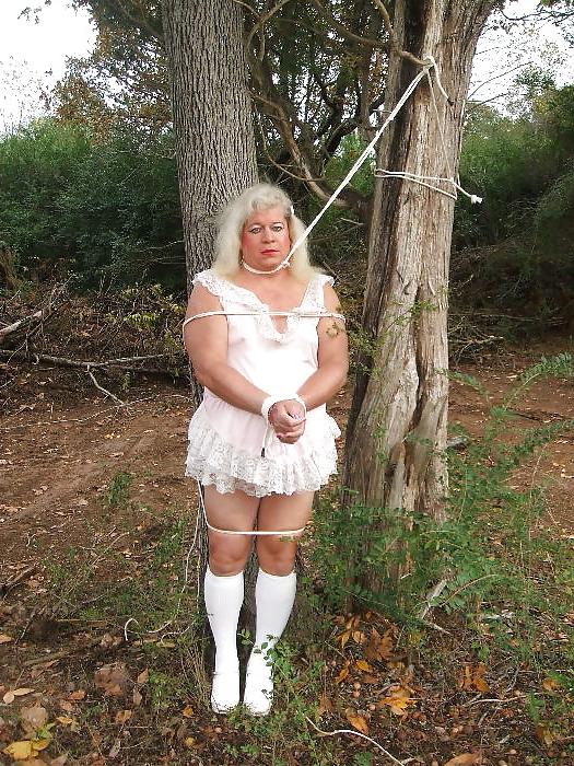 25P Sissy male pansy tied to a tree in public