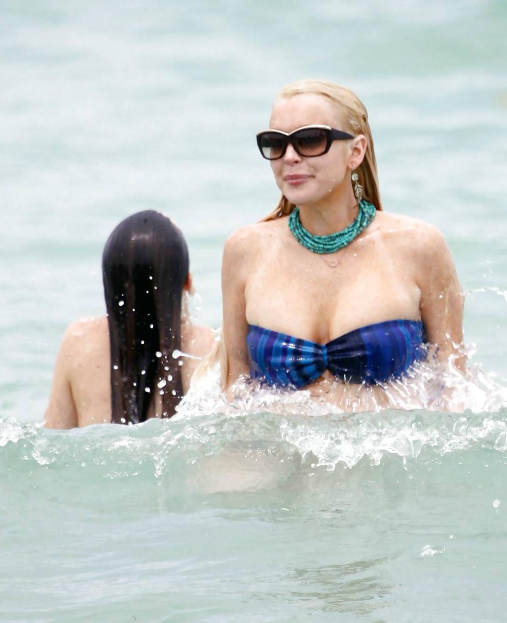 25P Lindsay Lohan In Bikini on Miami Beach BOOB Slip
