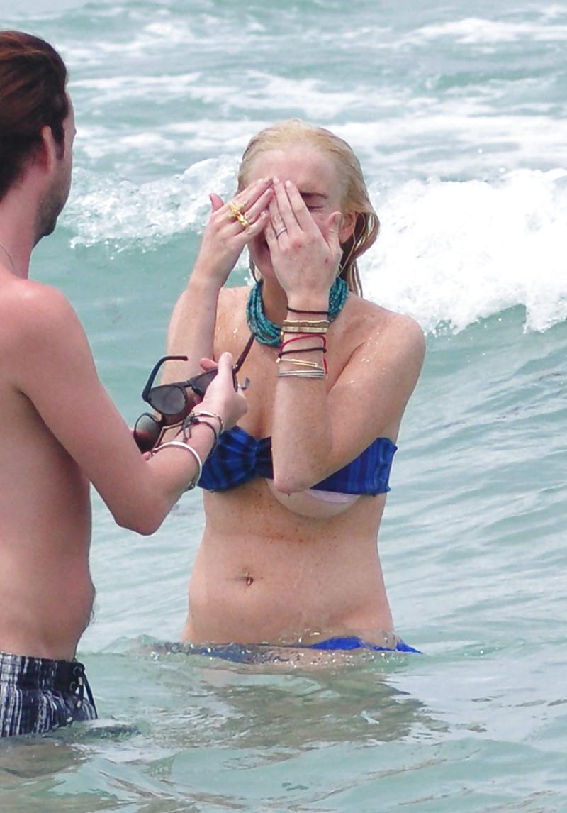 25P Lindsay Lohan In Bikini on Miami Beach BOOB Slip