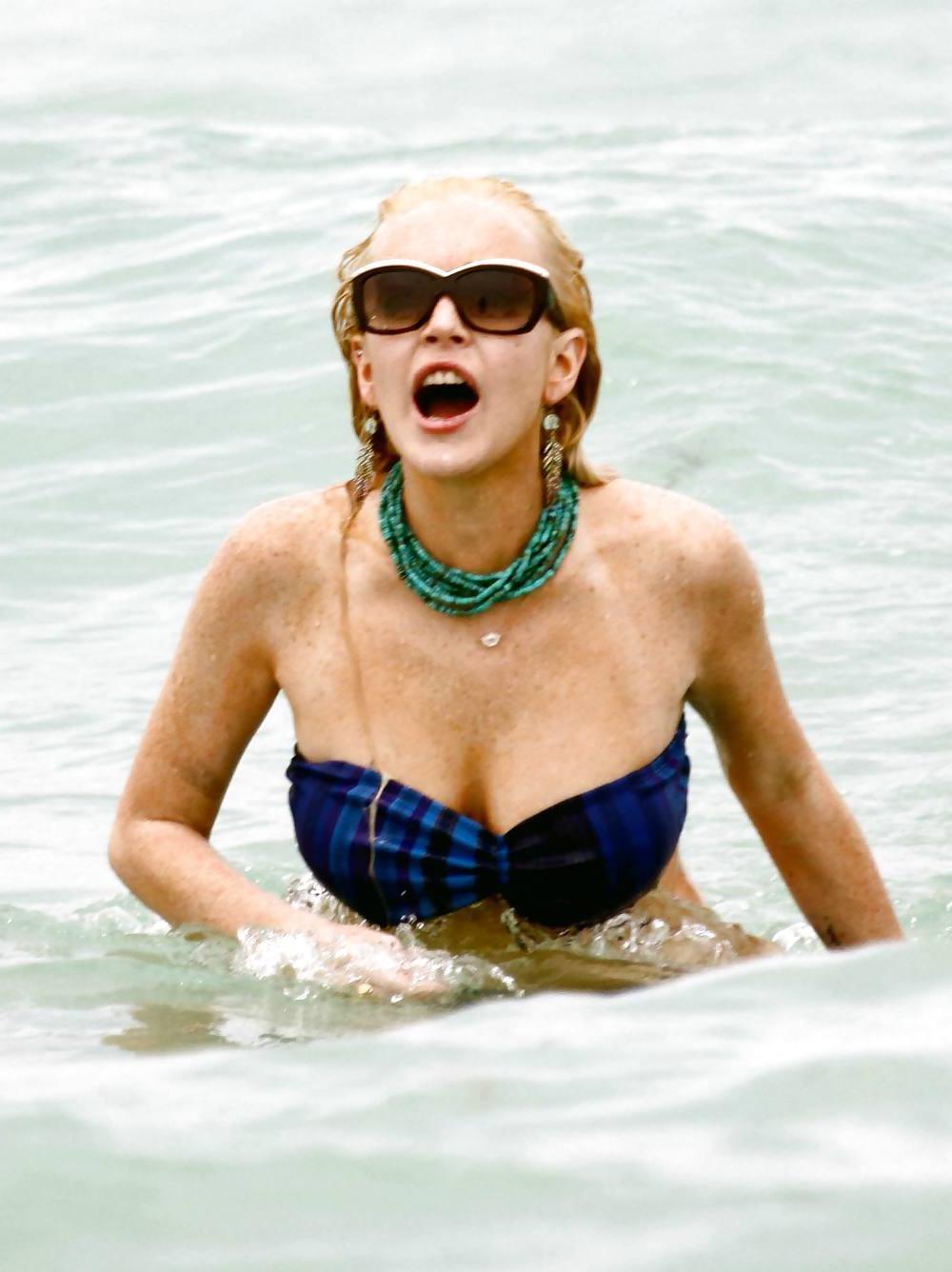 25P Lindsay Lohan In Bikini on Miami Beach BOOB Slip