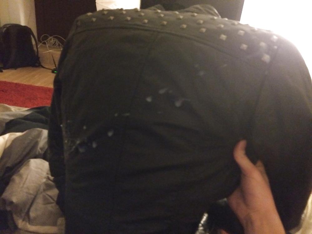 15P Cumshot on cute girls leather jackets