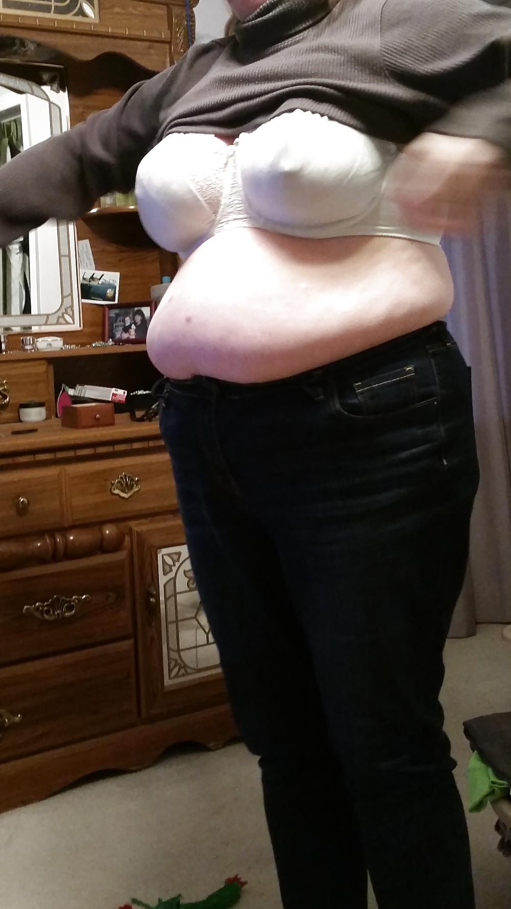 15P Bbw wife half naked, big tits, hard nipples, belly