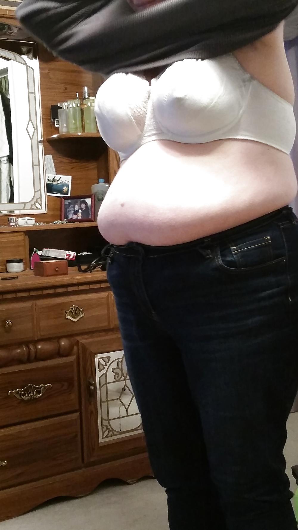 15P Bbw wife half naked, big tits, hard nipples, belly
