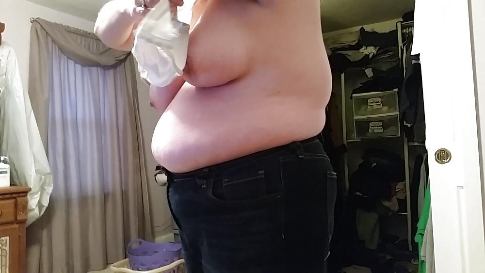 15P Bbw wife half naked, big tits, hard nipples, belly