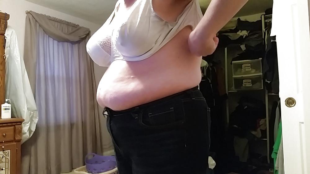 15P Bbw wife half naked, big tits, hard nipples, belly