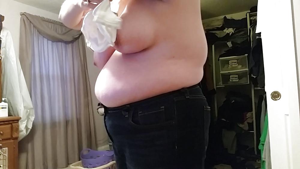 15P Bbw wife half naked, big tits, hard nipples, belly
