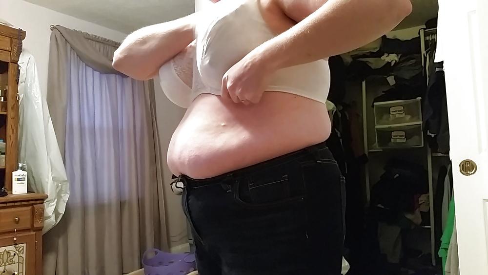 15P Bbw wife half naked, big tits, hard nipples, belly