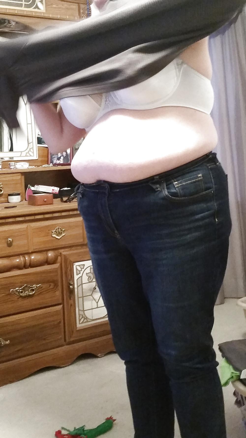 15P Bbw wife half naked, big tits, hard nipples, belly