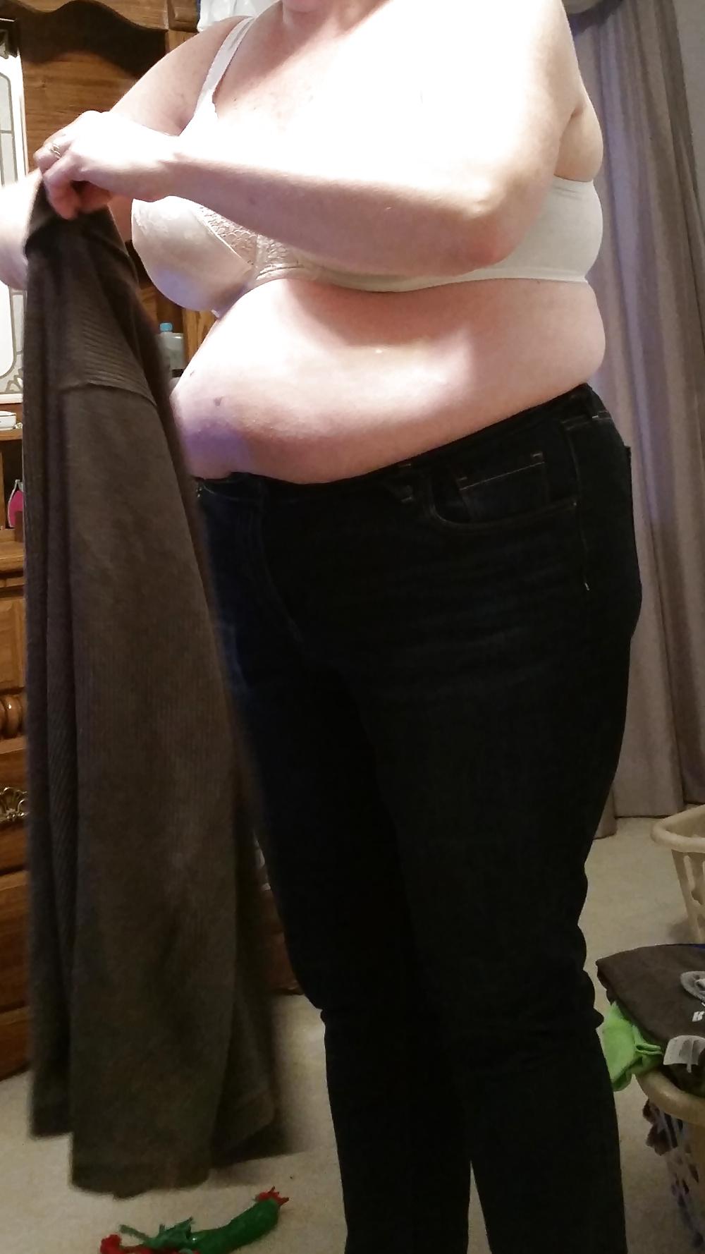 15P Bbw wife half naked, big tits, hard nipples, belly