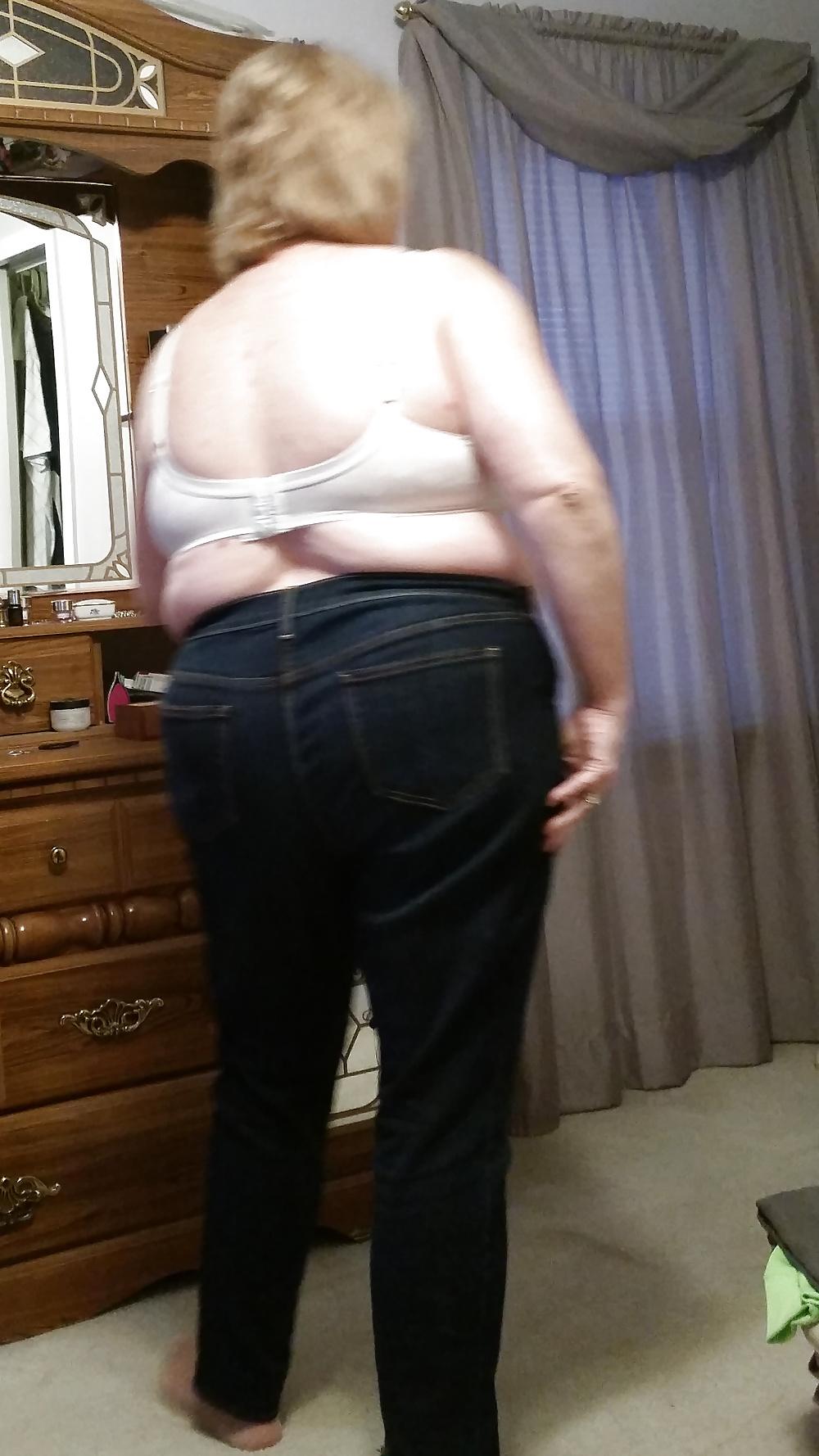 15P Bbw wife half naked, big tits, hard nipples, belly