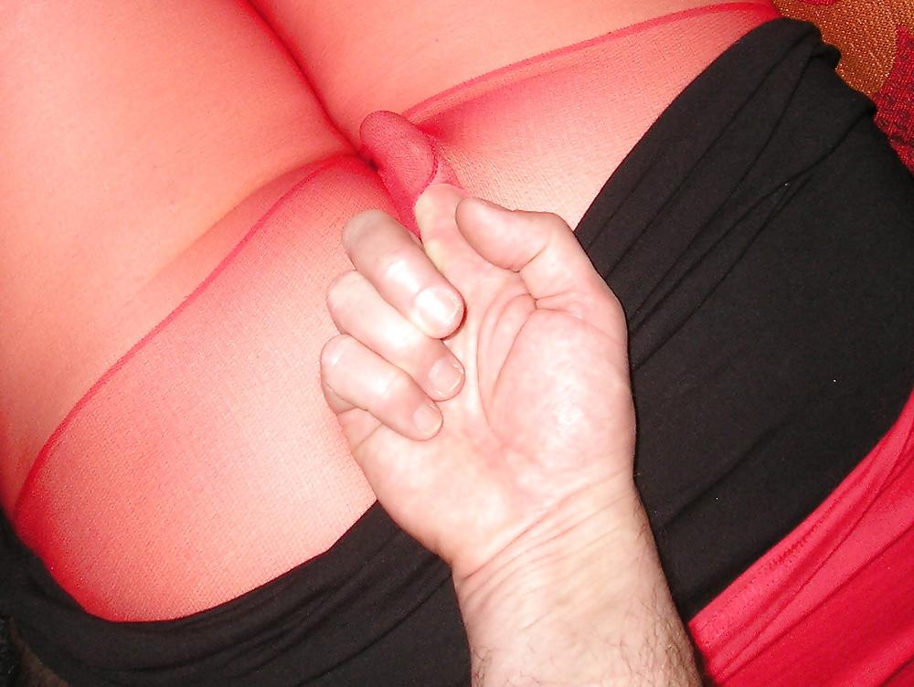 13P My girlfriend in festive mood wearing red tights pantyhose