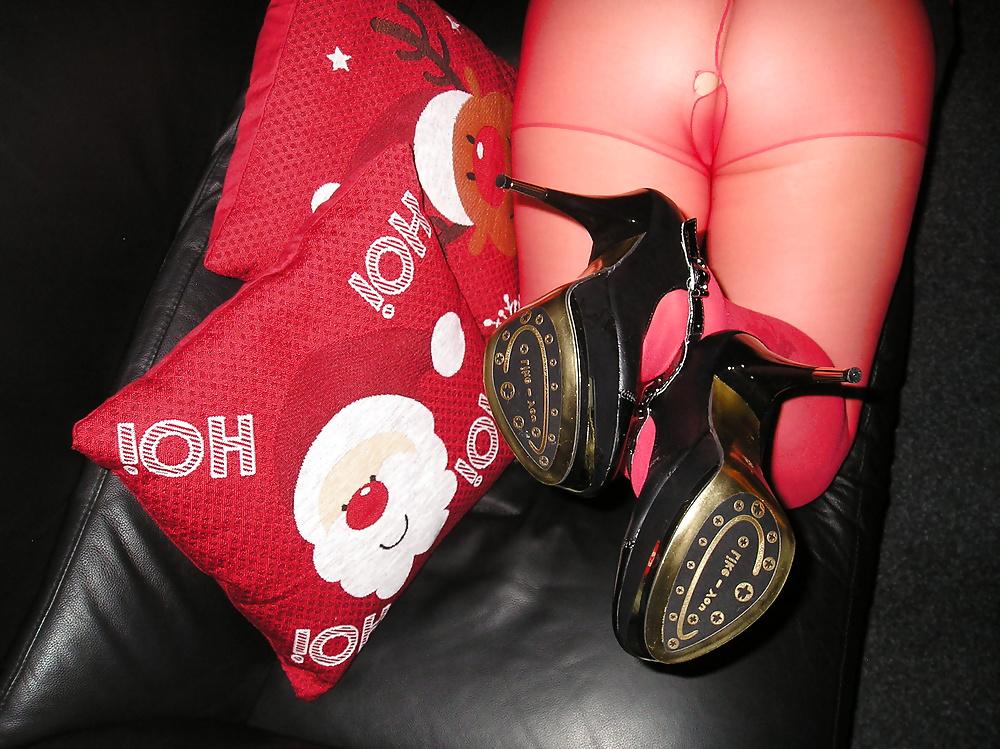 13P My girlfriend in festive mood wearing red tights pantyhose