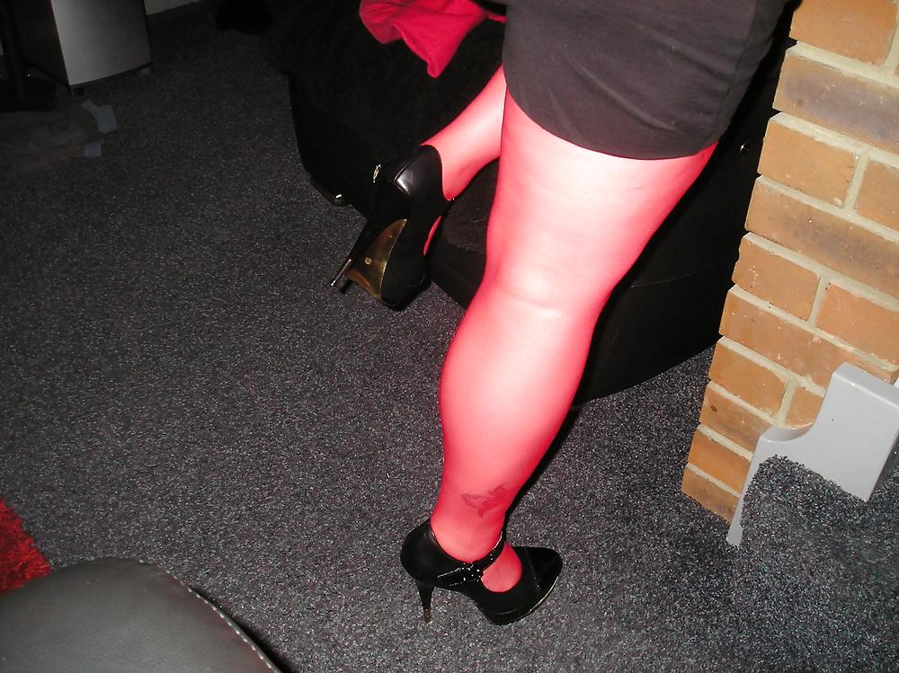 22P More of my girlfriend Tasha wearing red tights pantyhose