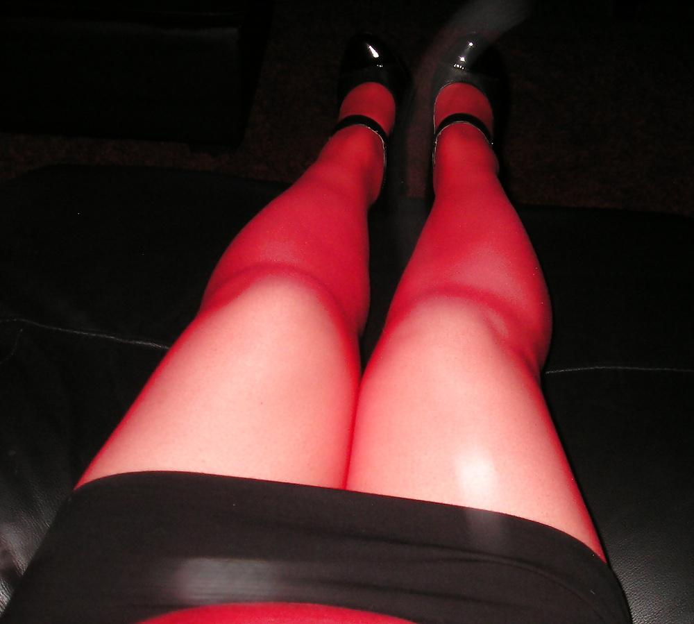 22P More of my girlfriend Tasha wearing red tights pantyhose