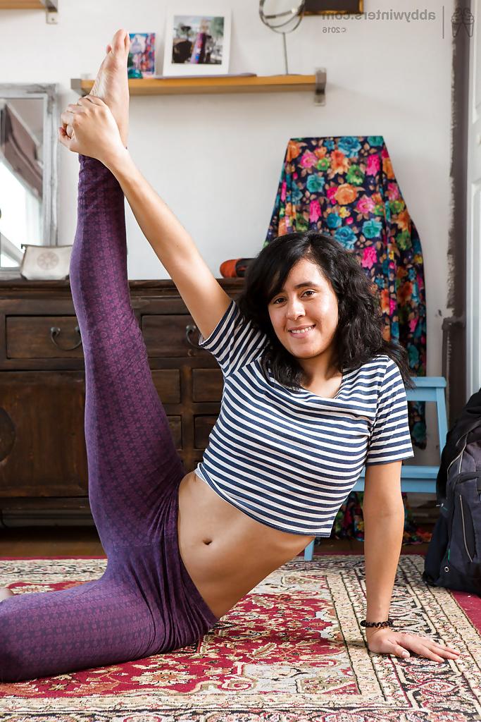 16P Brunette first timer Gabriela A sheds yoga pants for hairy pussy viewing