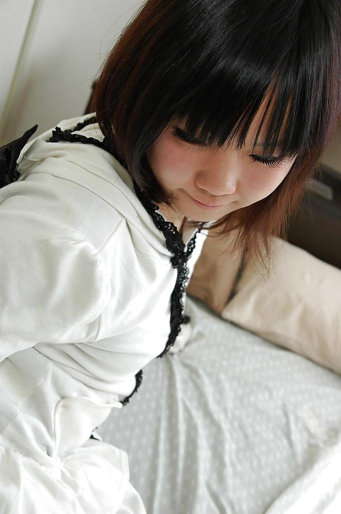 16P Asian teen Chihiro Tanabe undressing and spreading her pussy lips in close up