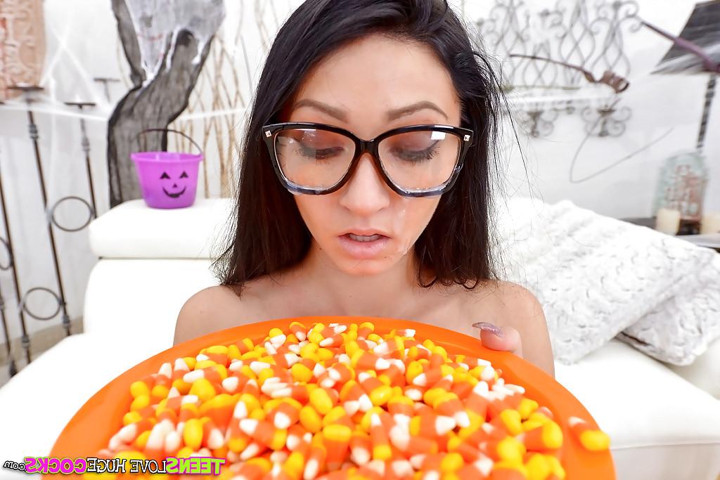 16P Sexy teen with long dark hair Cyrstal Rae sucks a massive cock gets a facial