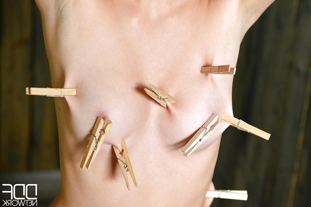 16P Skinny redhead BDSM model Susana Melo has clothespin attached to tits