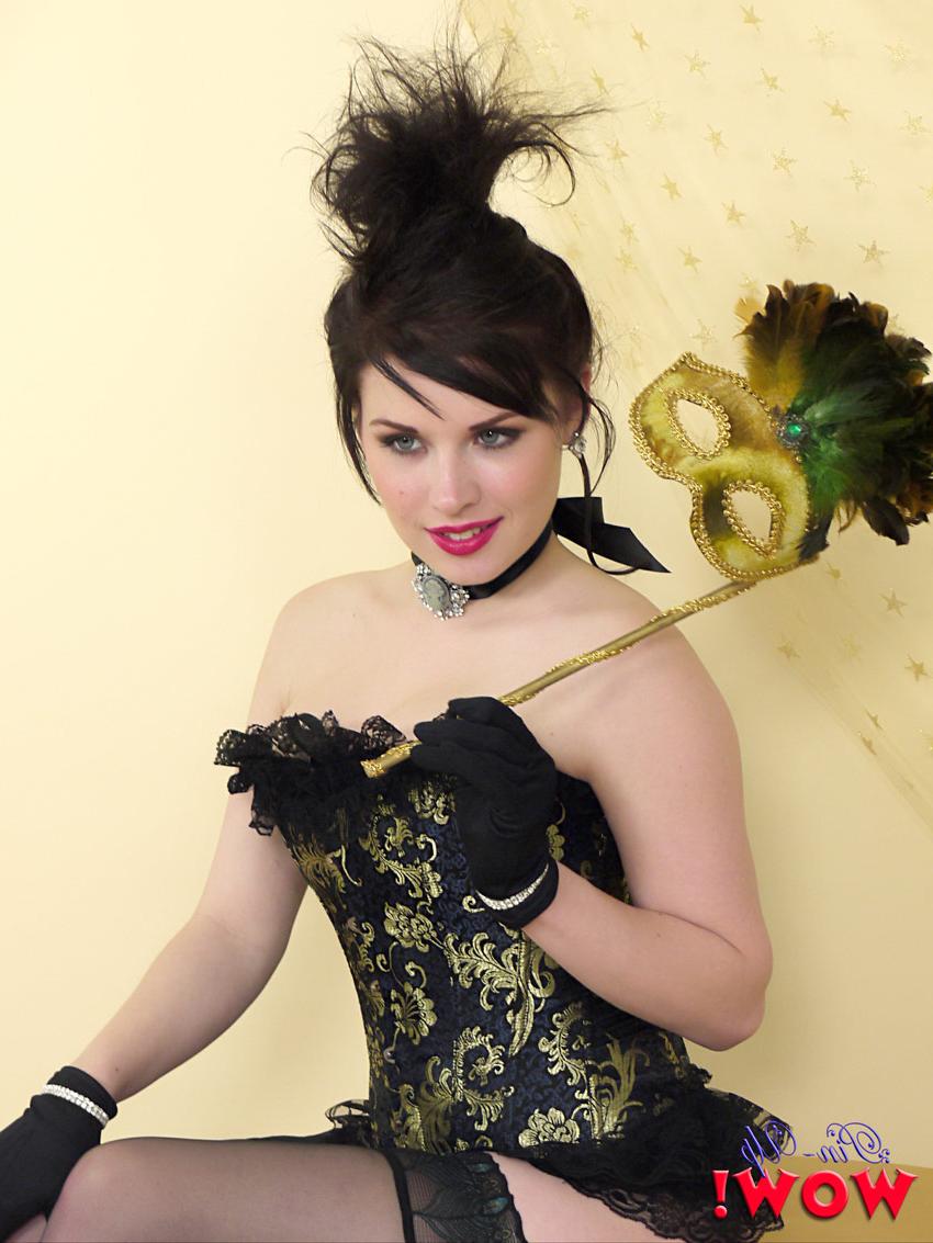 17P Brunette pinup girl flaunts perky tits in vintage lace corset & high heels