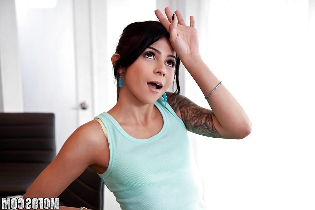 12P Tattooed brunette Latina solo girl Sadie Pop strutting in socks and shorts