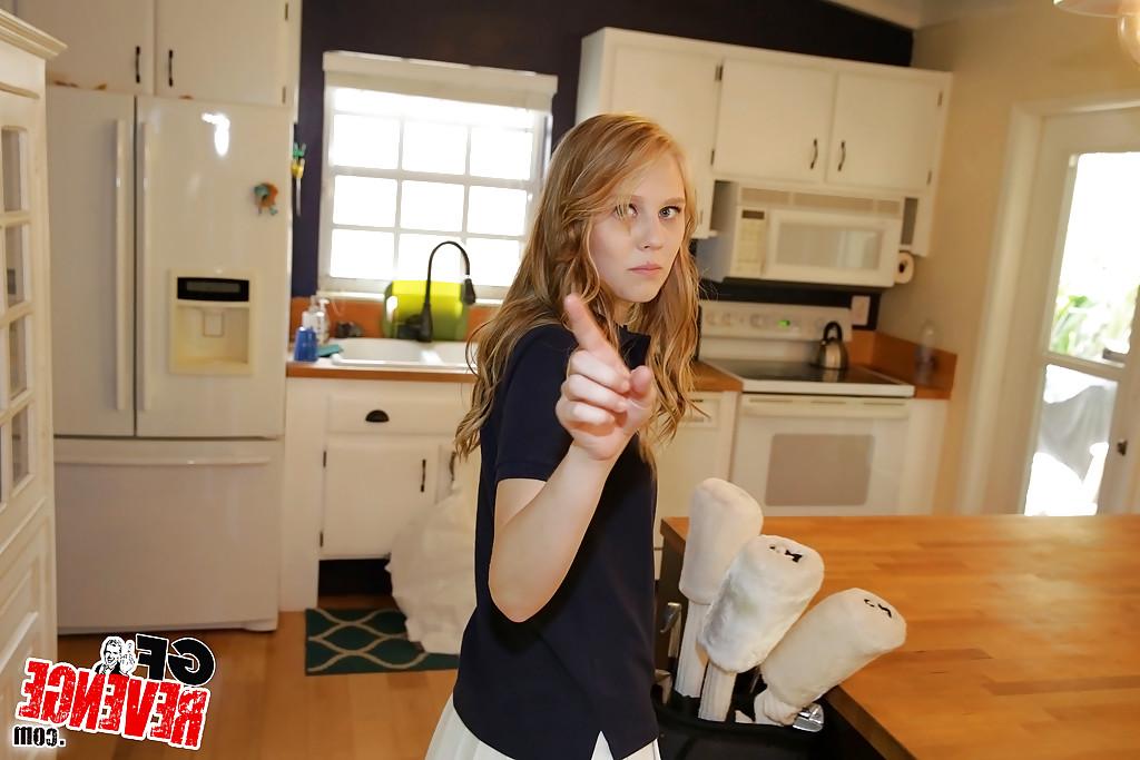 12P Thin cutie Lily Rader flashing tight ass in kitchen before showing shaved cunt