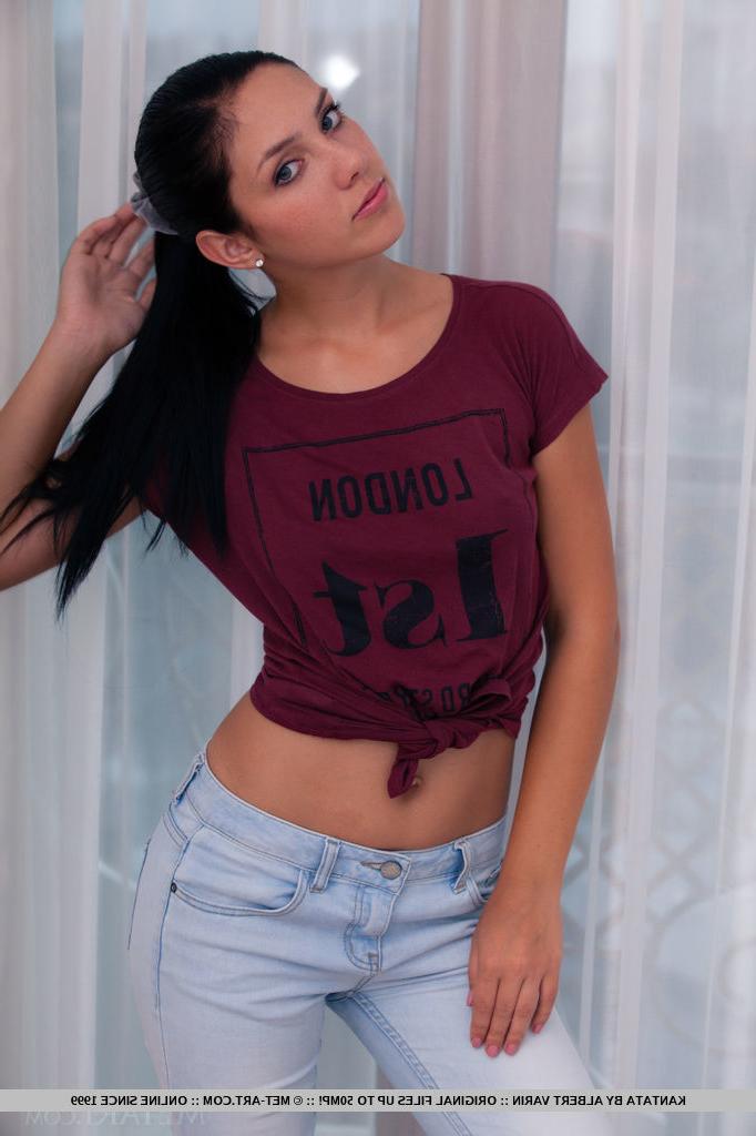 18P Clothed brunette babe revealing small teen tits in denim jeans
