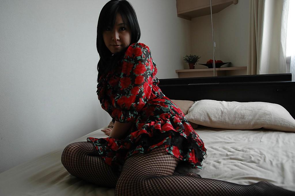 16P Asian MILF in pantyhose stripping and spreading her hairy pussy lips