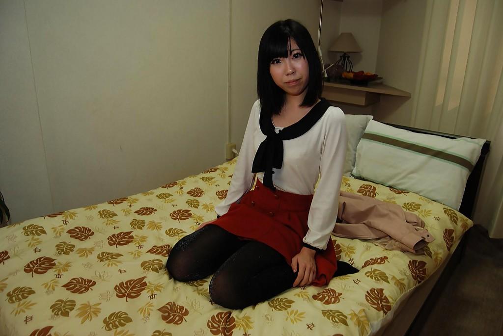16P Shy asian chick in pantyhose undressing and vibing her hairy slit