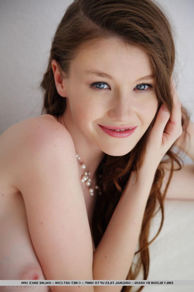 18P Brunette babe Emily Bloom frees tiny teen tits and bald twat from lingerie