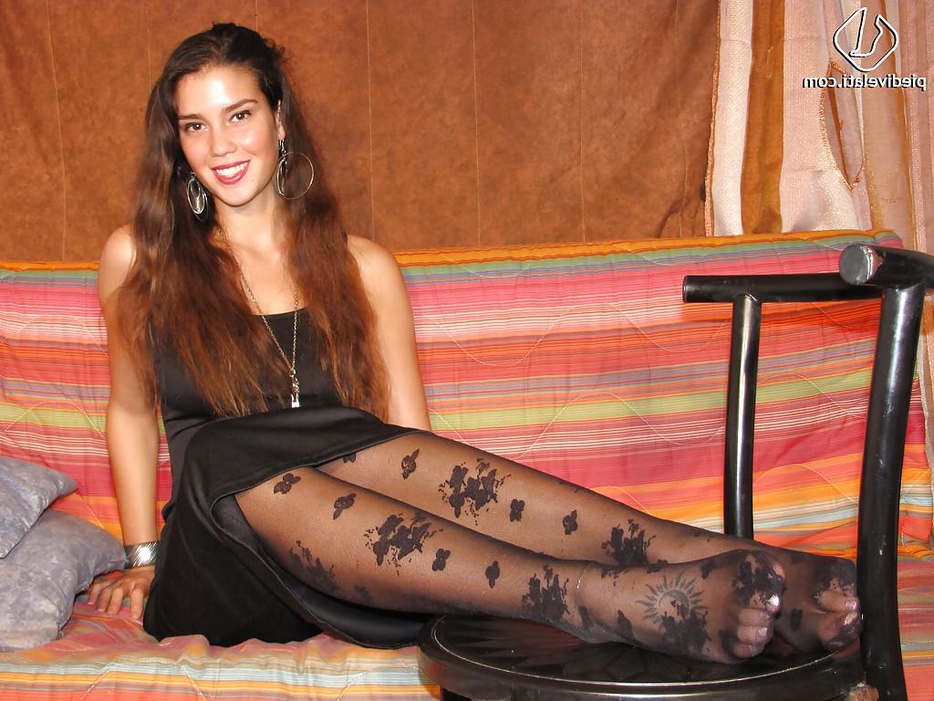 16P Cute brunette foot fetish lady Carla showing her black stockings
