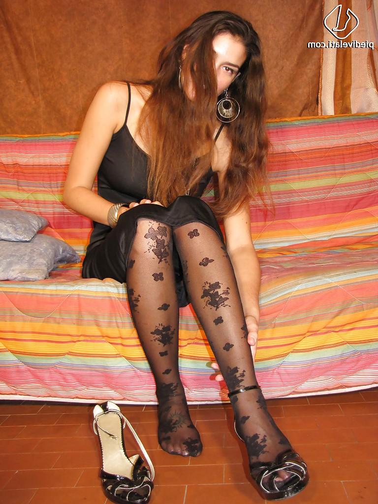 16P Cute brunette foot fetish lady Carla showing her black stockings