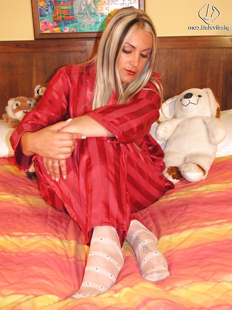 16P Blonde slut Marlene adores foot fetish and her new pajamas