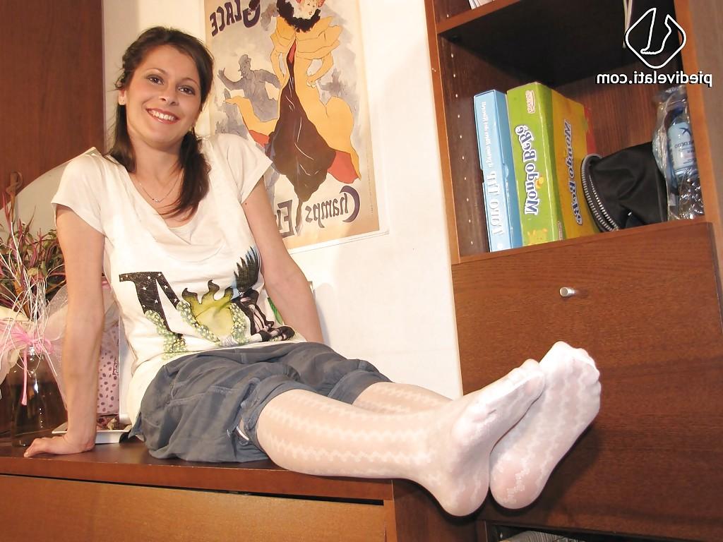 16P Big tit babe Elena wearing her foot fetish white pantyhose