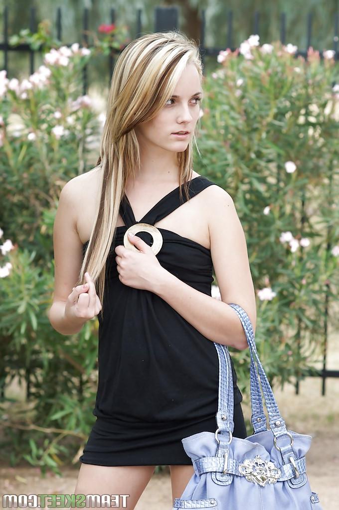 16P Sara Jaymes flashing her titties and shaved slit in a public place