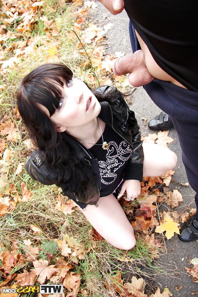 16P Lusty brunette lassie gets her love holes cocked up in a public place