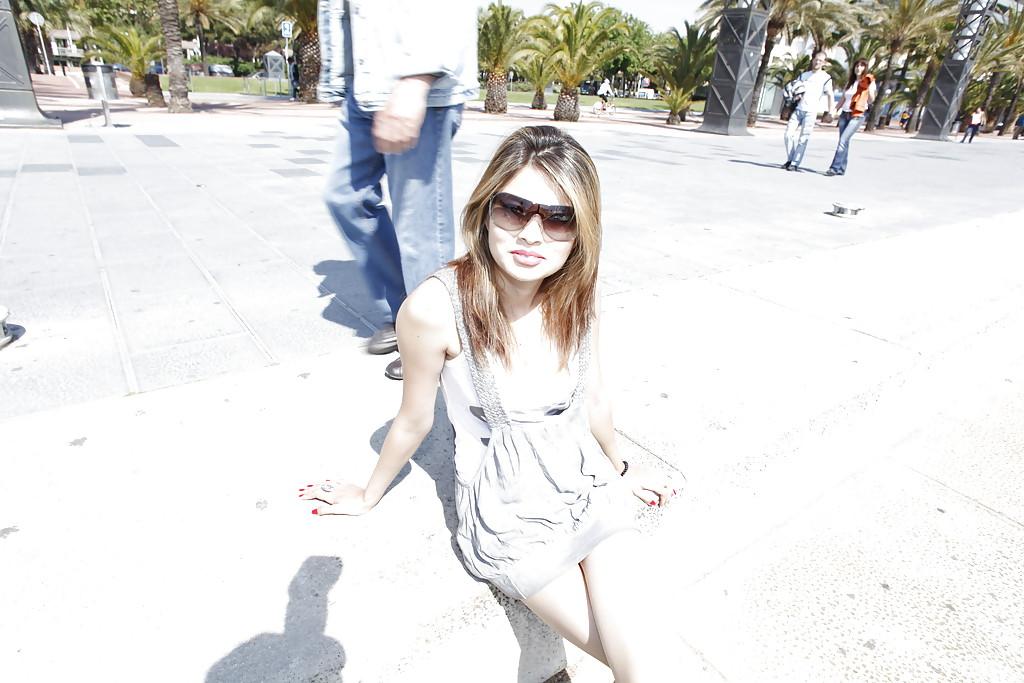 16P Frisky latina sweetie flashing her nice tits and sexy ass in public place