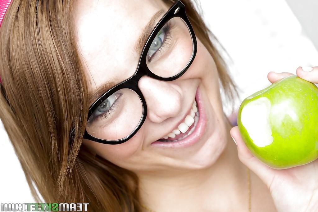 16P Smiley schoolgirl in glasses with petite body gets naked in the classroom