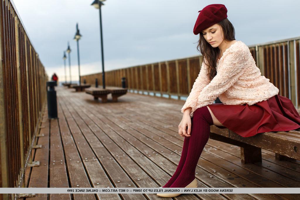18P Brunette glam babe Serena Wood flashing upskirt teen panties in long socks