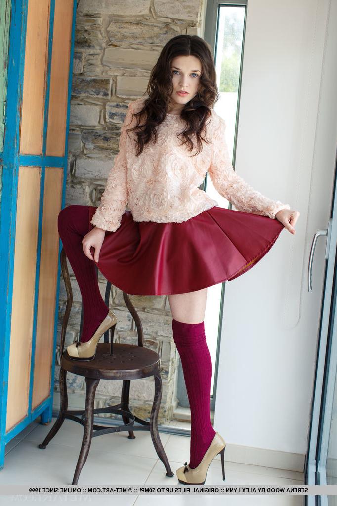 18P Brunette glam babe Serena Wood flashing upskirt teen panties in long socks