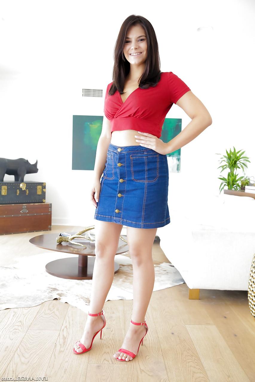 15P Brunette Latina Violet Starr stripping off denim skirt to pose naked